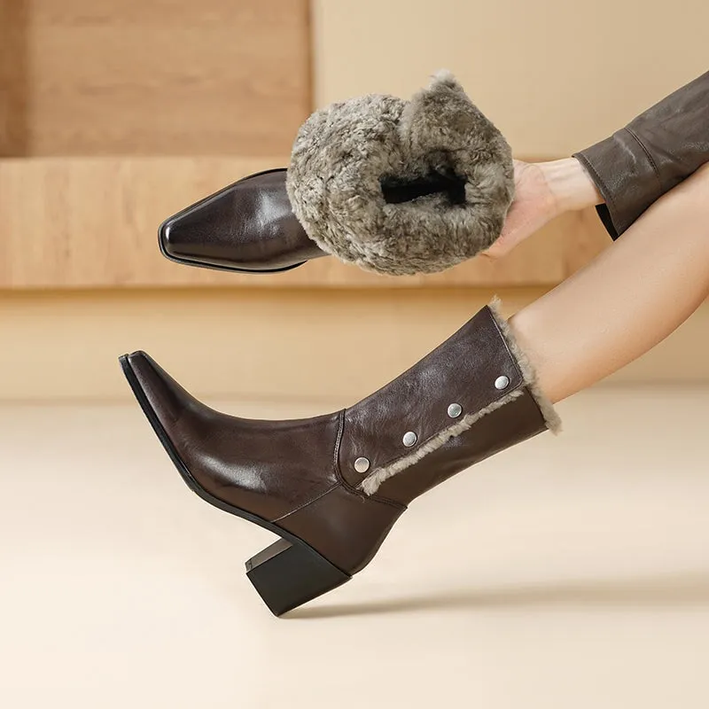 Horse Leather Shearling Lined Almond Toe Mid Calf Western Boots Cowboy Boots For Women In Black/Coffee Ll Bean Snow Boots