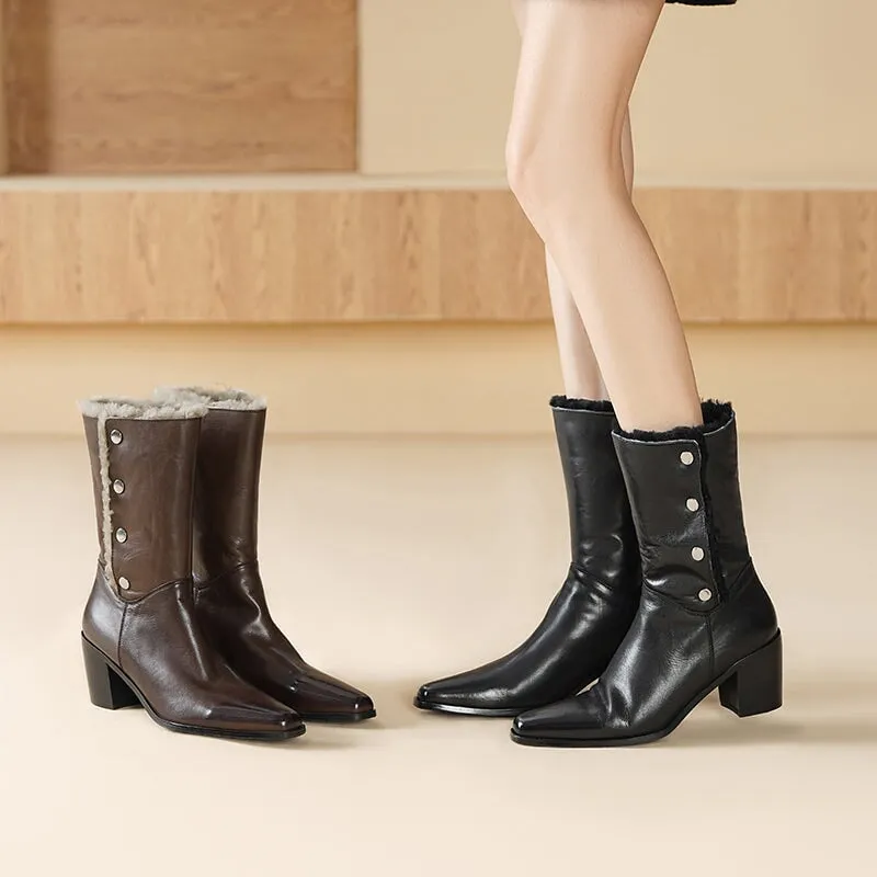 Horse Leather Shearling Lined Almond Toe Mid Calf Western Boots Cowboy Boots For Women In Black/Coffee Jessica Simpson Snow Boots