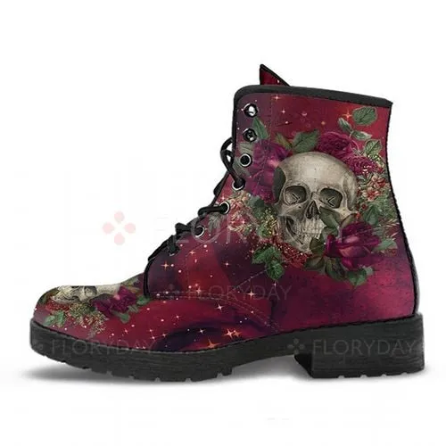 Maurices Snow Boots HOT Skeleton Women Snow Ankle Boots Motorcycle Skull Pansy Low Heels Shoes