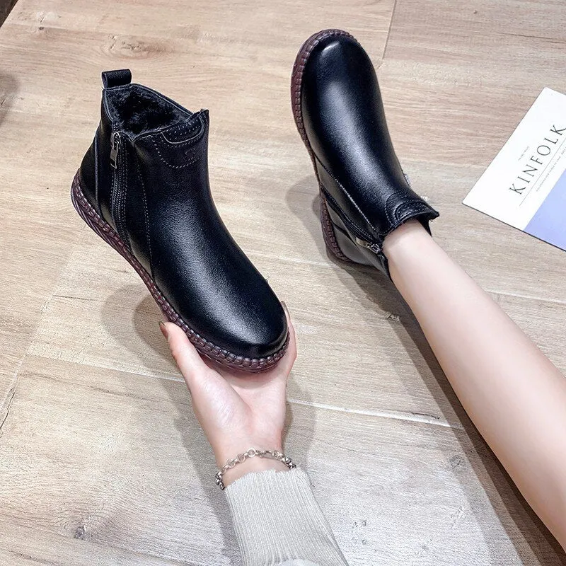 kamames Handmade Genuine Leather Women Ankle Boots Casual Snow Boots Winter Ladies Flat Shoes Zip Rubber Botines Mujer Best Boots To Shovel Snow