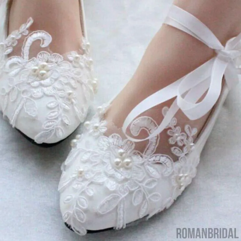 Lace Pearls Pointed Toes Women Wedding Shoes With Ribbons Lace Up, S018 Goodfellow Dress Shoes