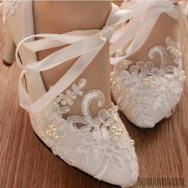 Dress Shoes At Marshalls Lace Pearls Pointed Toes Women Wedding Shoes With Ribbons Lace Up, S018