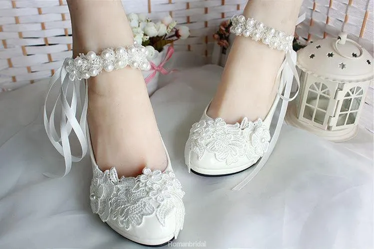 Lace Pearls Pointed Toes Women Wedding Shoes With Ribbons Lace Up, S018 Dress Shoes Graduation