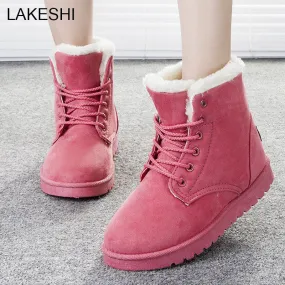 Ssense Snow Boots LAKESHI Women Boots Fashion Botas Femininas Warm Winter Snow Boots Female Lace Up Fur Ankle Boots 7 Color Flats Ladies Shoes