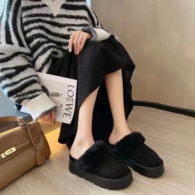 Leather Fur Integrated Plush Slippers Outerwear Thick Soled Women Cotton Shoes Patos Slide