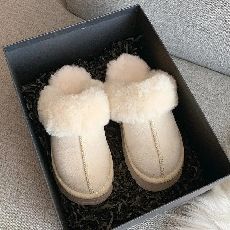 Leather Fur Integrated Plush Slippers Outerwear Thick Soled Women Cotton Shoes Rider Slippers