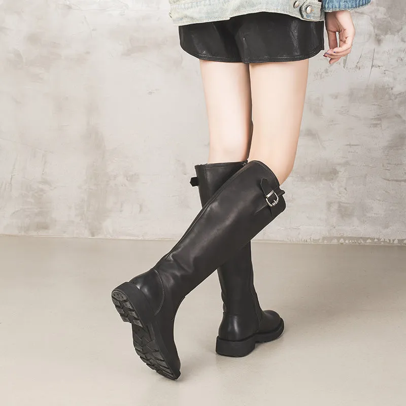 Leather Knee High Boots Side Zip Riding Boots in Black - Saddle Boots Heavy Duty Snow Boots