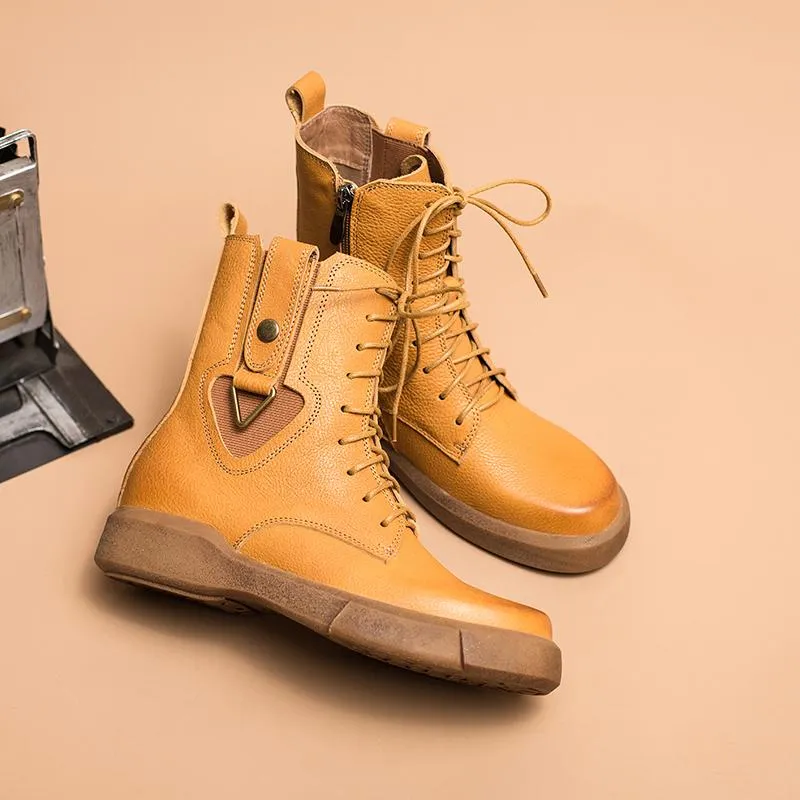 Snow Boots With Fur Trim Leather Martin Boots Designer Retro Chunky Riding Boots Side Heart Shape Handmade Coffee/Black/Yellow