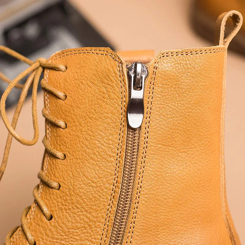 Sporto Snow Boots Leather Martin Boots Designer Retro Chunky Riding Boots Side Heart Shape Handmade Coffee/Black/Yellow