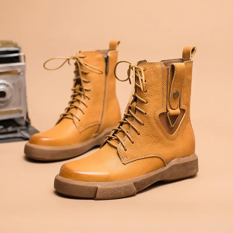 Leather Martin Boots Designer Retro Chunky Riding Boots Side Heart Shape Handmade Coffee/Black/Yellow Dolls Kill Snow Boots