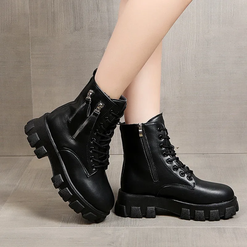 Pofulove Black Boots Winter Shoes Women Ankel Boots Goth Shoes Platform Boots Snow Booties Woman Warm Botas Fall Flat Zapatos Snow Military Boots