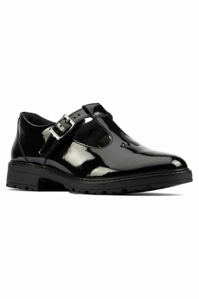 Elastic Performance Clarks Dempster Bar Youth Black Patent school shoe