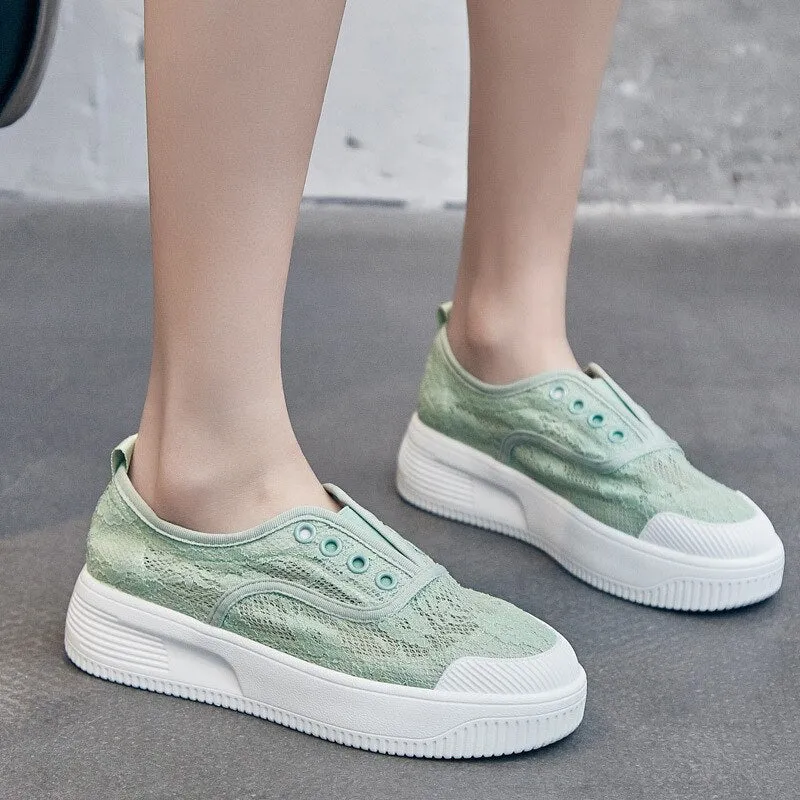 Flat Feet Tennis Shoes Chicmy  Summer Shoes Women Flats Breathable Mesh Cloth Shoes Flat Casual Woman Shoes Sweet Ladies Thick Sole Black White A4527