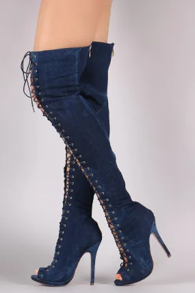 Liliana Denim Lace Up Stiletto Heeled Over-The-Knee Boots Adidas Stadium Shoes