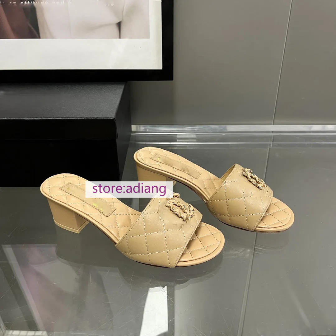 Rihanna Slippers thick heel lamb leather slippers classic shoes women fashion grace women 2023 35-41