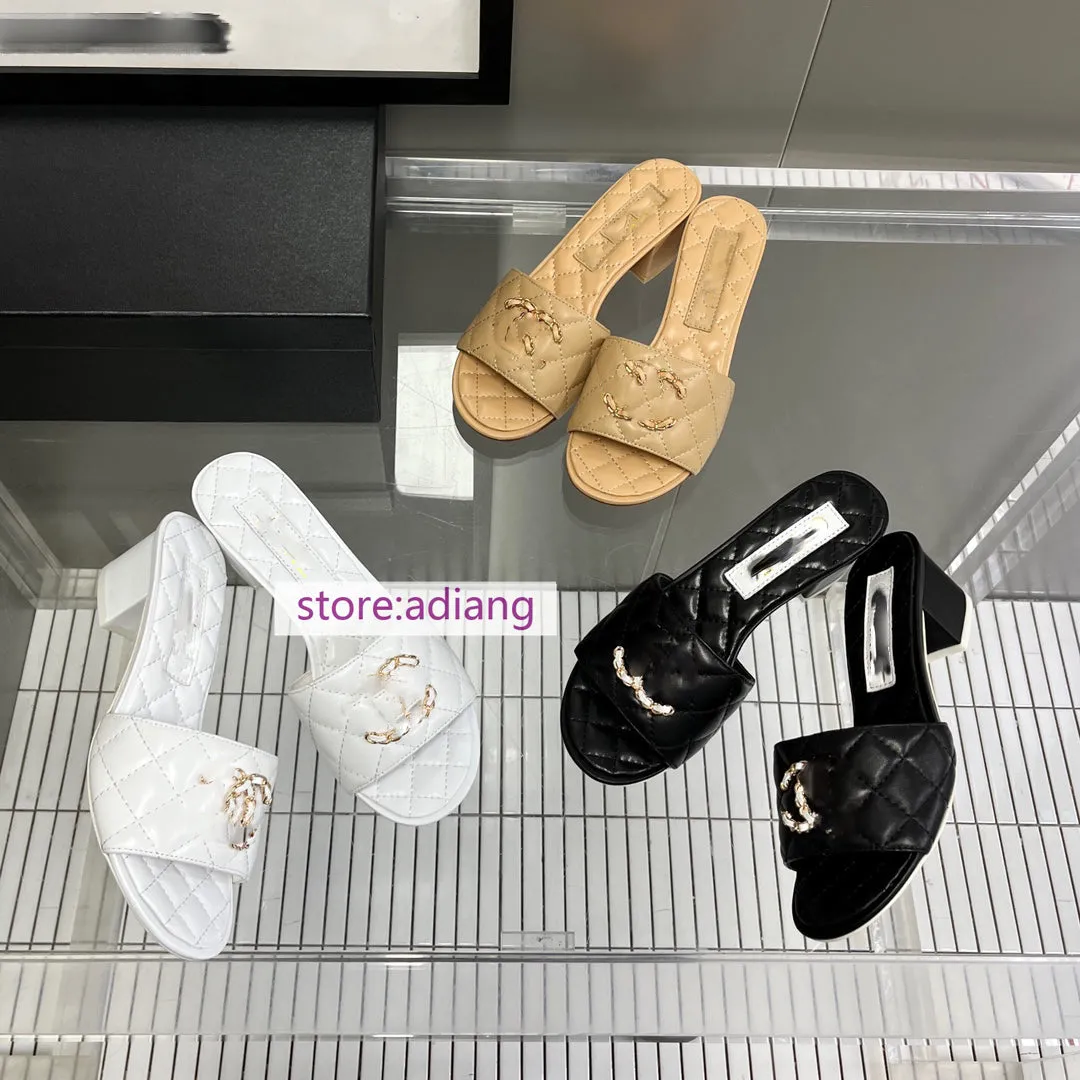 thick heel lamb leather slippers classic shoes women fashion grace women 2023 35-41 Apres Ski Slippers