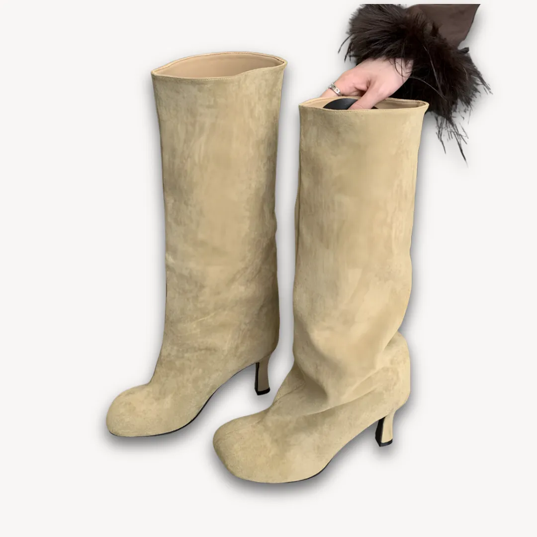Loravelle | Suede Knee-High Heeled Boots for Women - Stylish Slouch Design - Loravelle - Adult Winter Fashion Shoes Boots Blackjacks