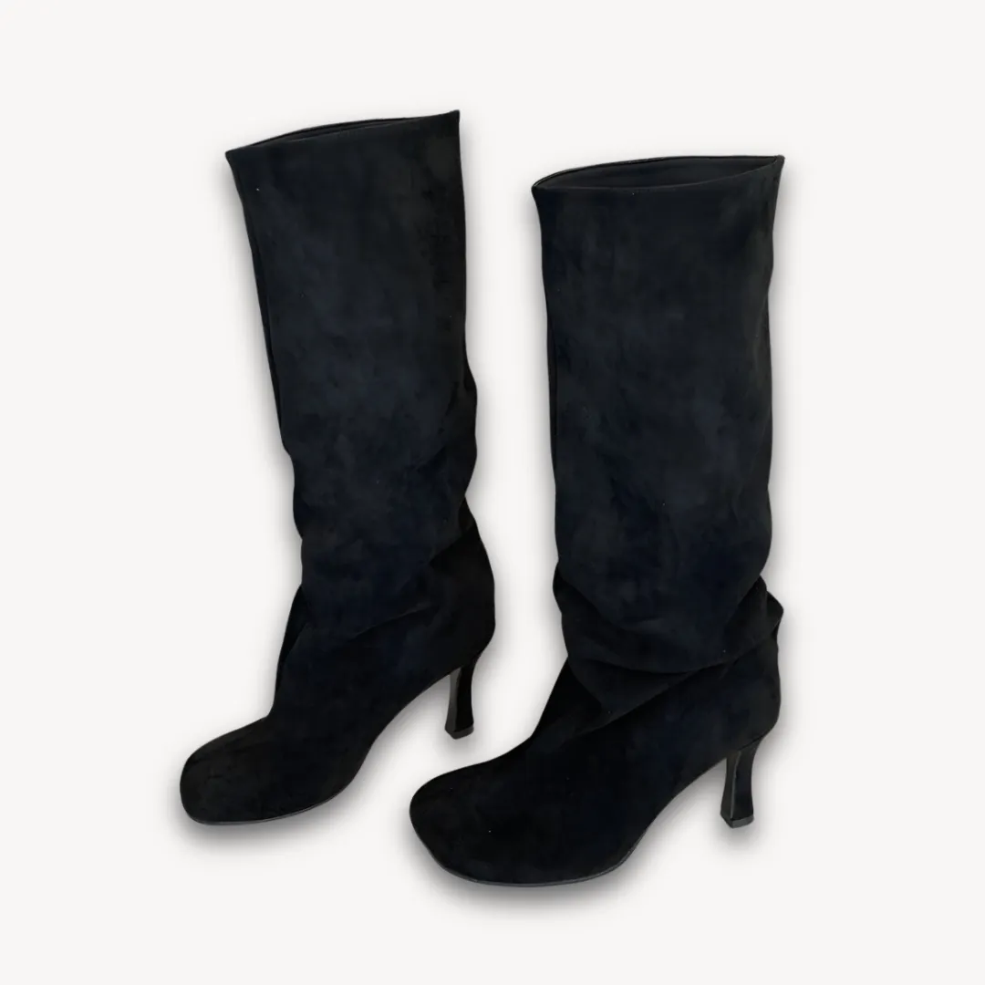 Loravelle | Suede Knee-High Heeled Boots for Women - Stylish Slouch Design - Loravelle - Adult Winter Fashion Shoes Copenhagen Boots