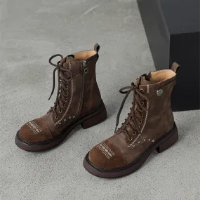 Budget Snow Boots Cow Leather Combat Boots Designer Retro Lace Up Mid Heel Riding Boots Brown/Black