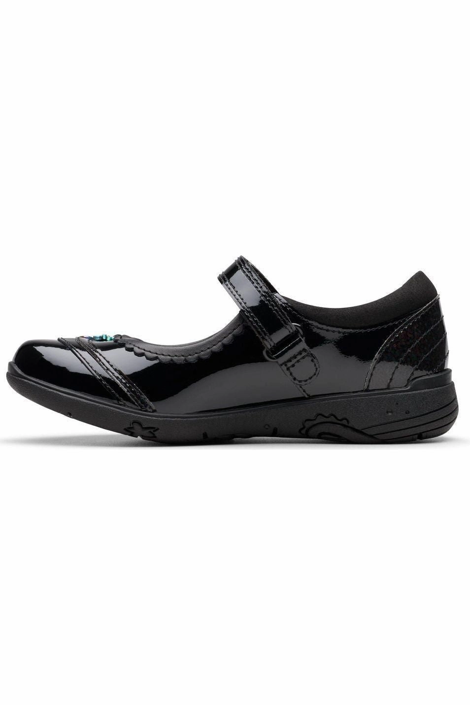 Anti Odor Clarks Relda Spark black patent school shoe