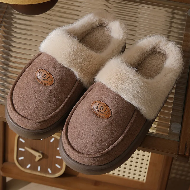Winter Plush Slippers For Men Casual All-match Warm Suede House Shoes Indoor Non-slip Floor Bedroom Slipper Slippers With Solid Soles