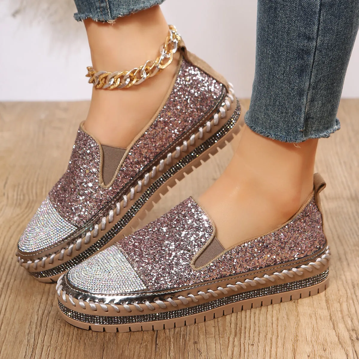 Loafers Styling Nanccy Large Size Casual Shoes Women 2023 Spring New Loafers Thick Bottom Flat Rhinestone Fashion Women's Shoes