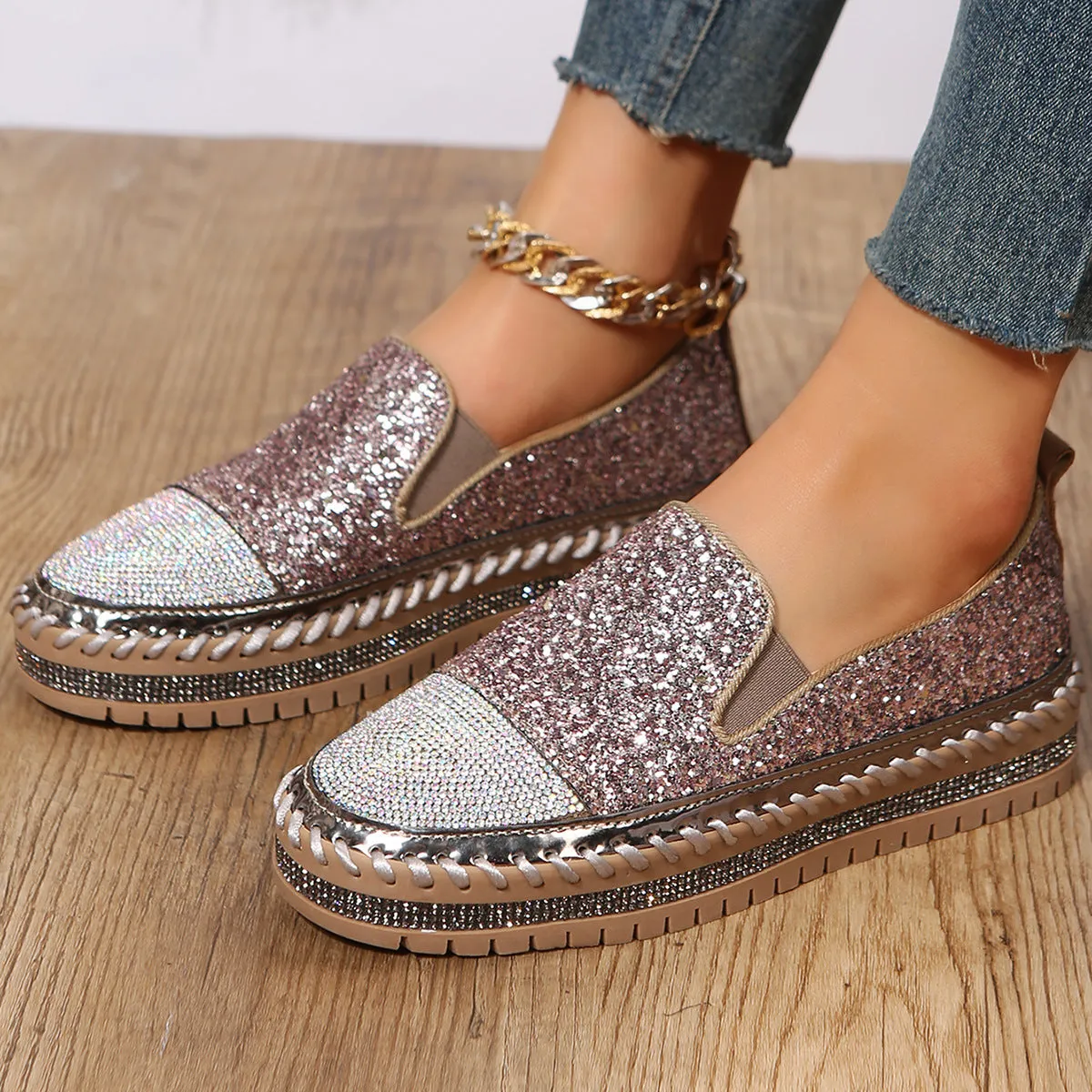 Penny Leather Loafers Nanccy Large Size Casual Shoes Women 2023 Spring New Loafers Thick Bottom Flat Rhinestone Fashion Women's Shoes
