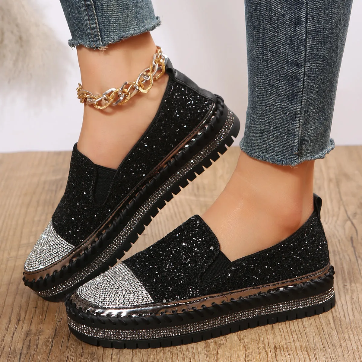 Types Of Loafers Nanccy Large Size Casual Shoes Women 2023 Spring New Loafers Thick Bottom Flat Rhinestone Fashion Women's Shoes