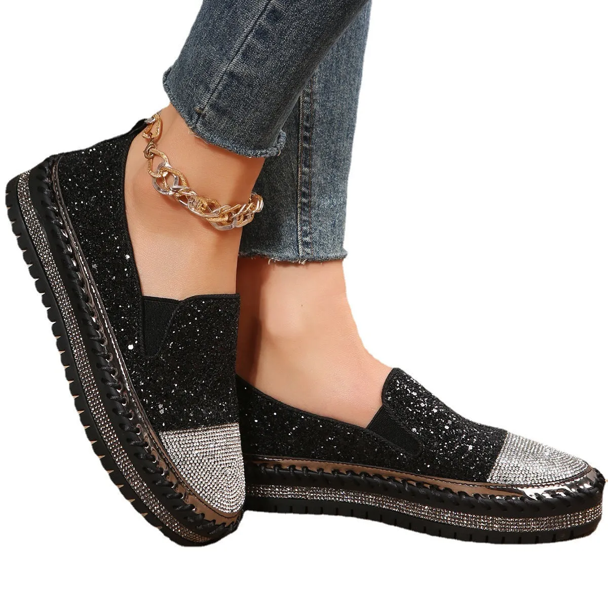 Nanccy Large Size Casual Shoes Women 2023 Spring New Loafers Thick Bottom Flat Rhinestone Fashion Women's Shoes Multi Penny Loafers