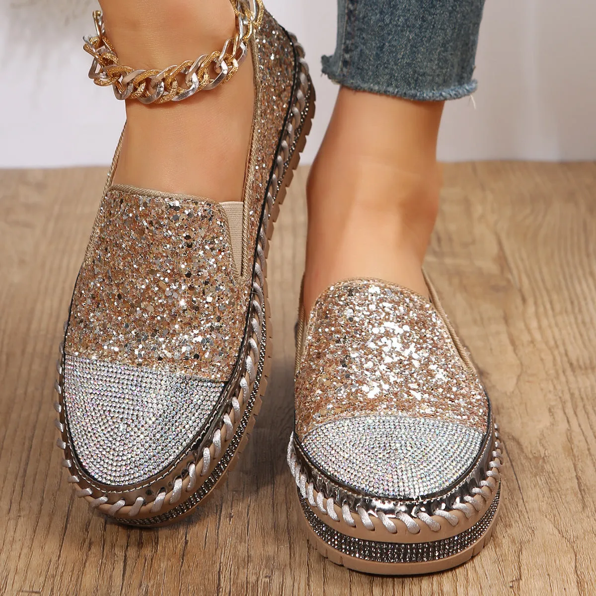 Skate Loafers Nanccy Large Size Casual Shoes Women 2023 Spring New Loafers Thick Bottom Flat Rhinestone Fashion Women's Shoes