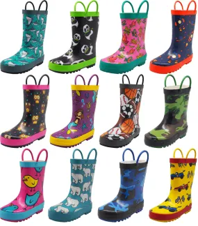 Norty Toddlers Kids Boys Girls Waterproof Rubber Printed Rain Boots -13 Patterns Wide Western Boots