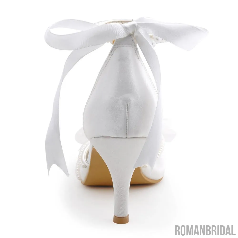 Pearls Women Wedding Shoes With Ribbons Lace Up Party Shoes Pointed Toes, S030 Shoes To Wear With Dresses Summer
