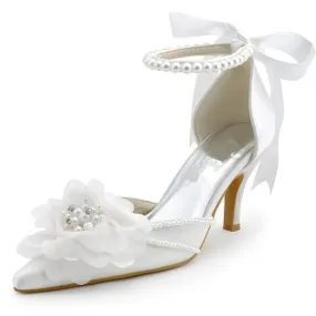 Pearls Women Wedding Shoes With Ribbons Lace Up Party Shoes Pointed Toes, S030 Preppy Dress Shoes