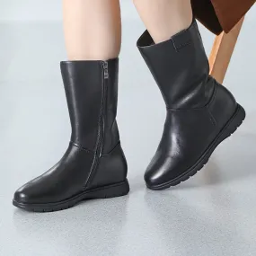 Swiss Snow Boots Chic Genuine Leather Round Toe Side Zip Low Heels Short Boots In Black Short Plush