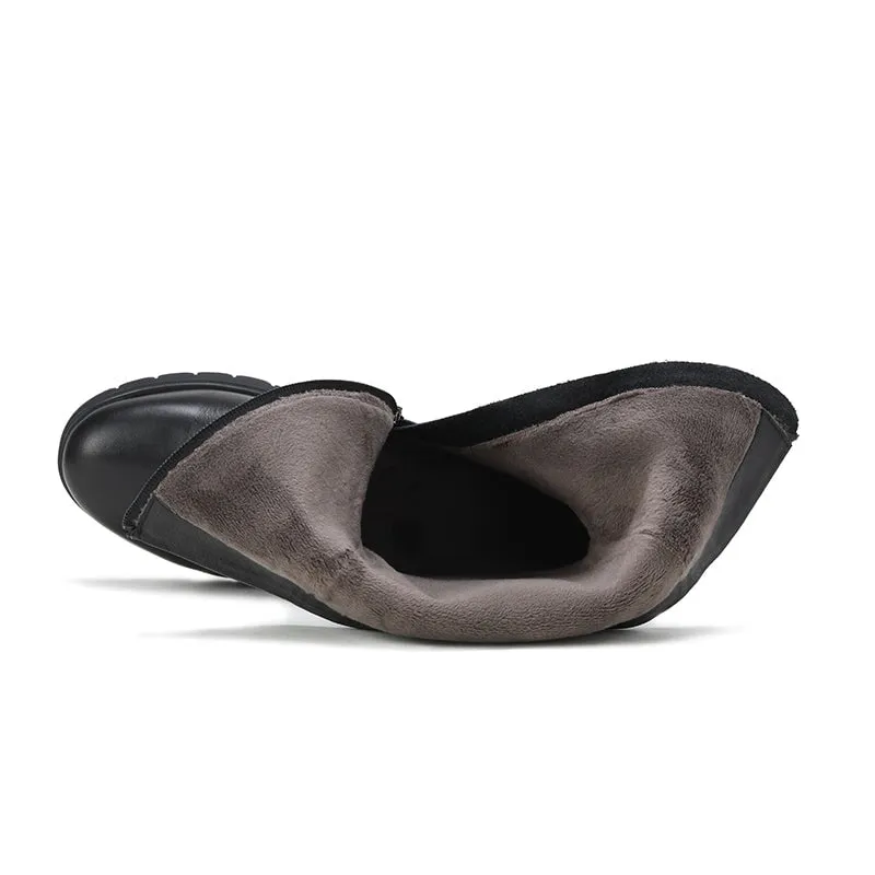 Chic Genuine Leather Round Toe Side Zip Low Heels Short Boots In Black Short Plush Maurices Snow Boots