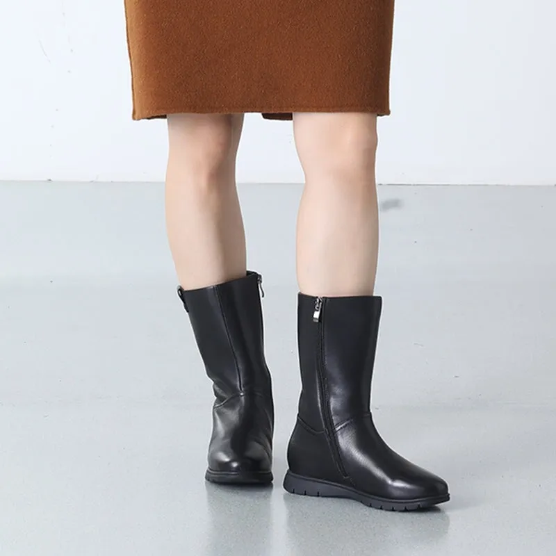 Snow Boots And Jeans Chic Genuine Leather Round Toe Side Zip Low Heels Short Boots In Black Short Plush