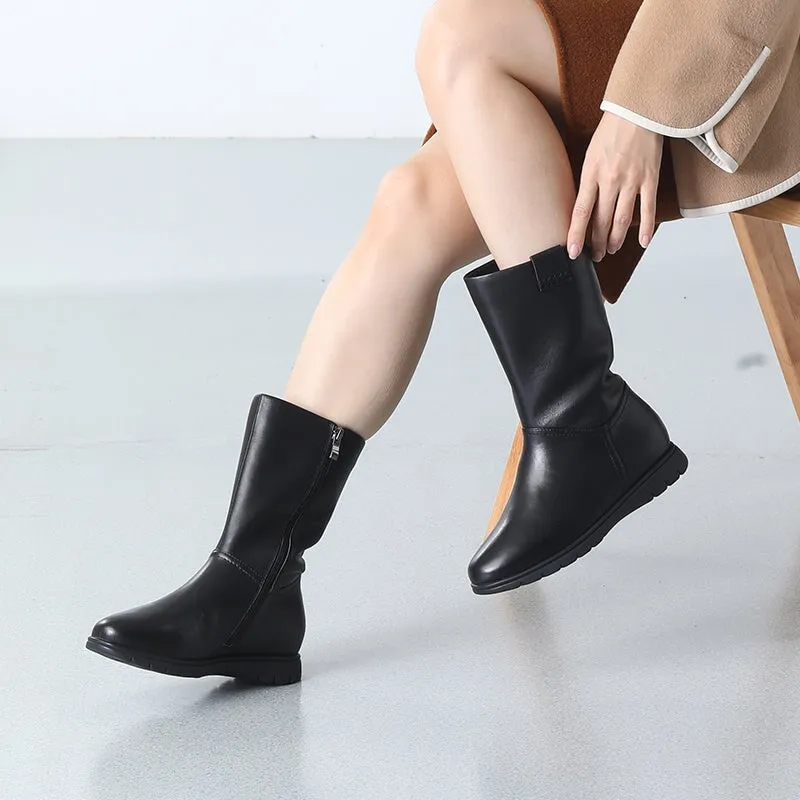 Ugg Boots Chic Genuine Leather Round Toe Side Zip Low Heels Short Boots In Black Short Plush