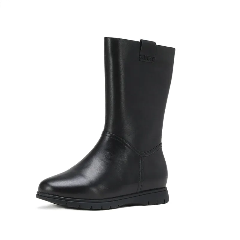 Chic Genuine Leather Round Toe Side Zip Low Heels Short Boots In Black Short Plush Christmas Snow Boots