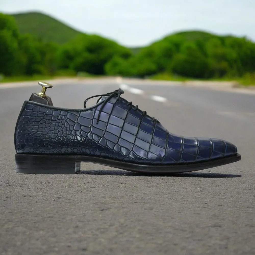 100% Handmade Goodyear Welted Alligator Print Whole Cut Leather Shoes For Men's Dress Shoes With Sneaker Bottom