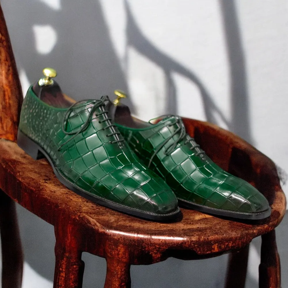 100% Handmade Goodyear Welted Alligator Print Whole Cut Leather Shoes For Men's Safety Toe Dress Shoes