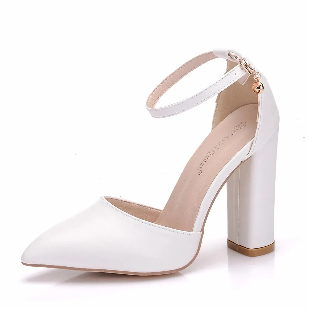 Cocktail Dress With Shoes Women 7CM Thick High Heels Pumps White Shoes Pointed Toe