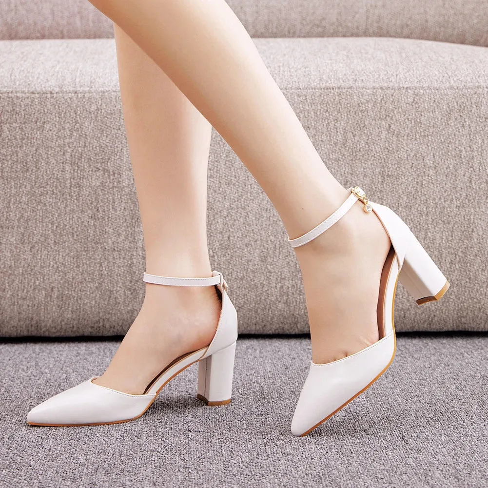 Oxford Vs Dress Shoe Women 7CM Thick High Heels Pumps White Shoes Pointed Toe