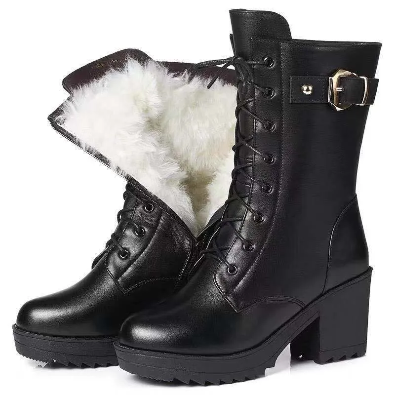 Hunter Intrepid Tall Snow Boots 2022 Winter Leather Women Winter Boots Thick Wool Warm Women High-heeled Genuine Boot High-quality Female Snow Boots Women Shoes