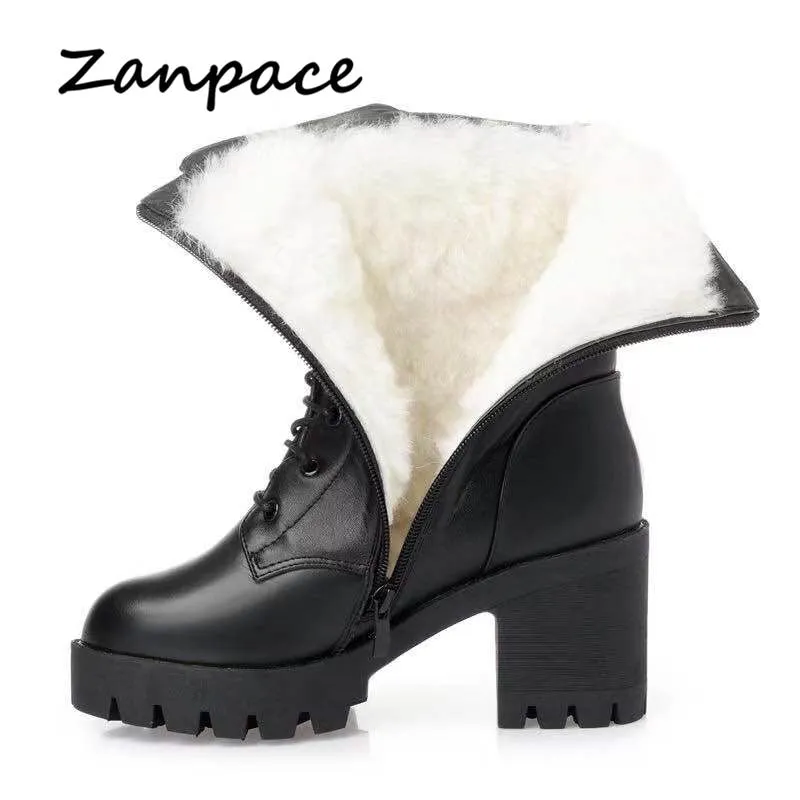 2022 Winter Leather Women Winter Boots Thick Wool Warm Women High-heeled Genuine Boot High-quality Female Snow Boots Women Shoes Australia Snow Boots