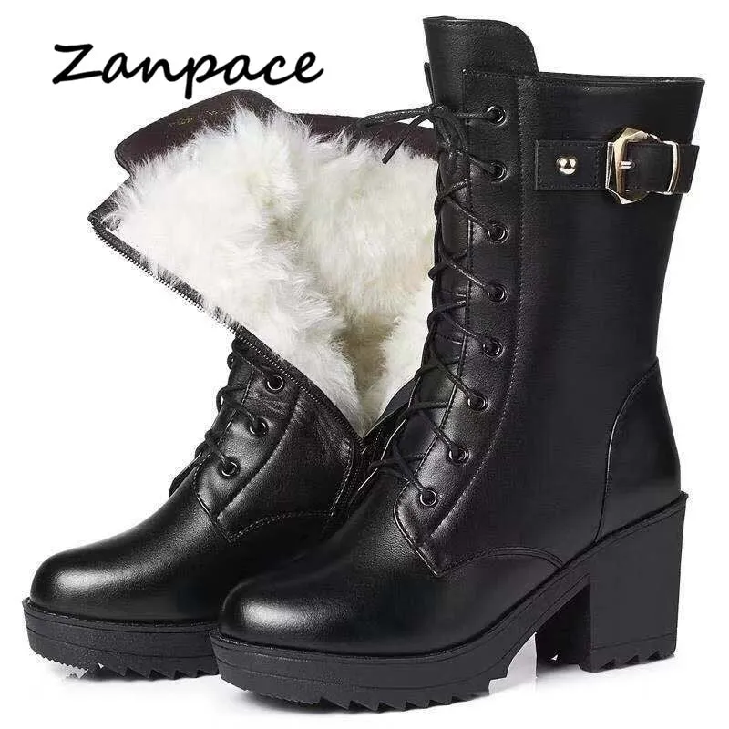Good Warm Snow Boots 2022 Winter Leather Women Winter Boots Thick Wool Warm Women High-heeled Genuine Boot High-quality Female Snow Boots Women Shoes