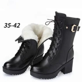 2022 Winter Leather Women Winter Boots Thick Wool Warm Women High-heeled Genuine Boot High-quality Female Snow Boots Women Shoes Camp Snow Boot