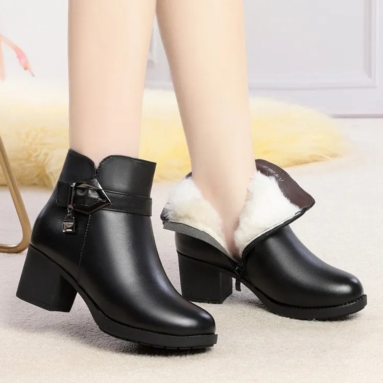 2022 Winter Leather Women Winter Boots Thick Wool Warm Women High-heeled Genuine Boot High-quality Female Snow Boots Women Shoes Under Armor Snow Boots