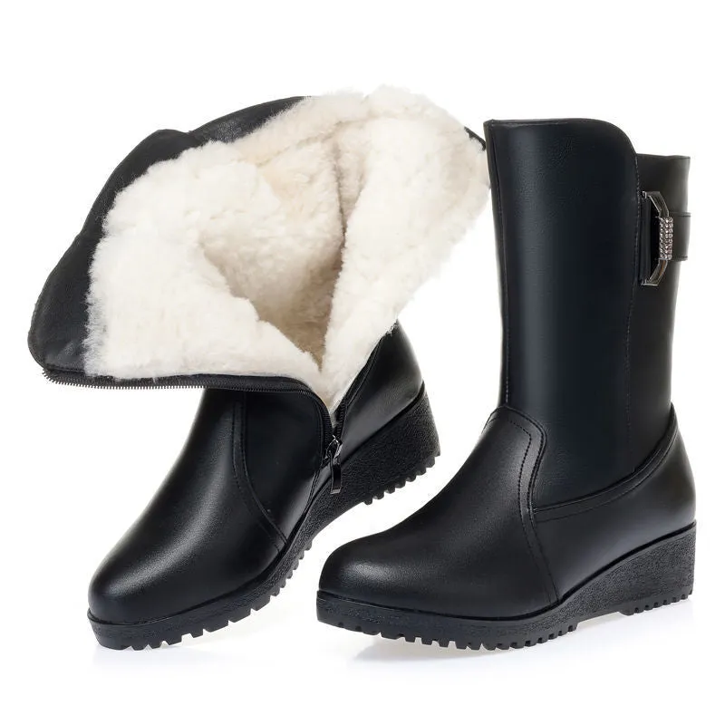 2022 Winter Leather Women Winter Boots Thick Wool Warm Women High-heeled Genuine Boot High-quality Female Snow Boots Women Shoes Snow Boots Like Sorel