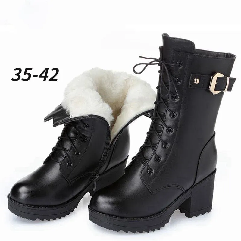 2022 Winter Leather Women Winter Boots Thick Wool Warm Women High-heeled Genuine Boot High-quality Female Snow Boots Women Shoes Snow Best Stylish Winter Boots