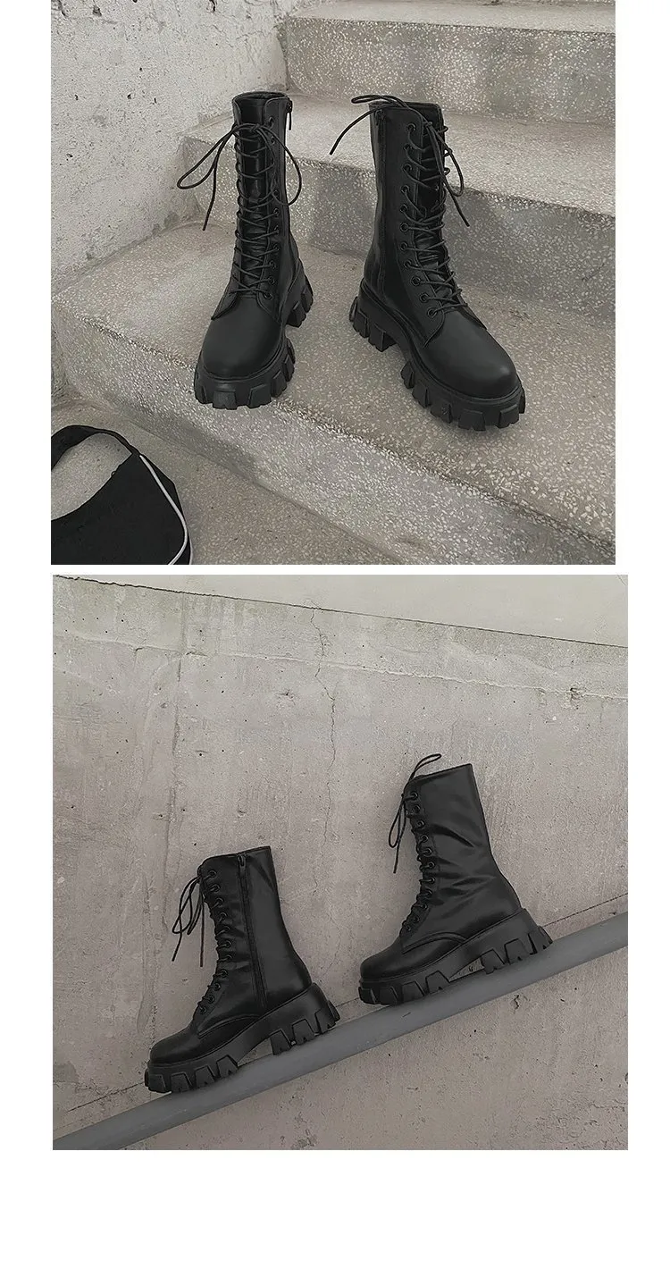 Purpdrank - Women Motorcycle Boots Wedges Flat Shoes Woman High Heel Platform PU Leather Boots Lace Up Women Shoes Black Boots Girls Flat Heel Formal Shoes